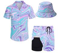 Wdpsuxin Mens 2 Piece Tracksuit Hawaiian Button Down Shirt and Compression Liner Shorts Sets with Bucket Hats, Trippy, Large