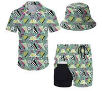 Wdpsuxin Mens 2 Piece Tracksuit Hawaiian Button Down Shirt and Compression Liner Shorts Sets with Bucket Hats, Retro 80s 90s Graphics2520, XXL