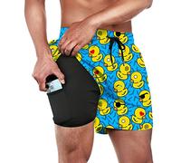 Wdpsuxin Men's Swim Trunks, Quick Dry Beach Swimsuit Bathing Suit Workout Running Shorts with Compression Liner and Pockets, Retro 80s 90s Memphis Graphics Rubber Duck1, Large