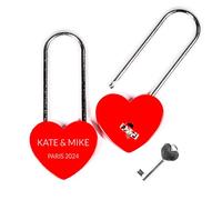 WDS Personalised Heart Padlock - Custom Engraved Padlocks with Keys, Love Key Red Hearts, Bridge Gift for Couples with Text Names and Date, Metal Wedding Anniversary Birthday Valentines Day Gifts