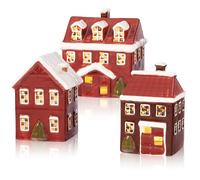 WDS WONDROUS Christmas Decorations - Christmas Village Sets of 3 Lighted Ceramic Houses Hand Painted, Indoor Red and White Xmas Houses Village Decor for Home Table Room Farmhouse