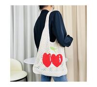 WDSBZNB Crochet Beach Bag Aesthetic Knitting Bags Cherry Printed Women's Crochet Tote Handbags Large Capacity Female Summer Hollow Out Shopping Bag(Apricot 35x33cm)
