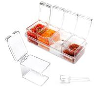 wdsilkbo 4-Compartment Clear Spice Box with Spoons and Lid - Plastic Seasoning Container Set with Tray, Condiment Jars for Salt, Sugar, Coffee, Tea & Herbs