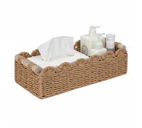 wdsilkbo Rattan Storage Basket with Wooden Handles, 14"x6.3"x3.9" Imitation Wicker Basket with Lid for Bathroom, Shelves, Kitchen and Bedroom, Small Woven Organizer for Toilet Roll and Home Storage