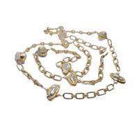 WDSOPK 11x25mm Cultured White Biwa Pearl White Quartzs gold color plated Link Chain Long sweater chain Necklace 47"