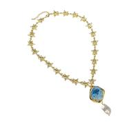 WDSOPK 19" White Baroque Pearl Blue Apatite Gold Edge Rough Pendant Gold Plated Fashion Chain Choker Necklace Lady Gifts
