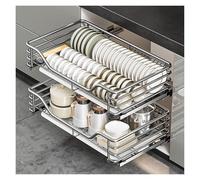 WDSOPK 2 Tier Sliding Pull Out DrawersForKitchen Cabinets,Slide Out ShelvesForHome Bathroom,Dish Drying Rack,304 Stainless Steel Pull Out Bowl Basket 65x41.5x13.5cm(Silver-(WxDxH) 59x41.5x13.5cm)