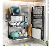 WDSOPK 3 Tier Dish Hotel/Household Easy To Store Clothes Drying Rack With Tray - Foldable Dish Drainer With Cutlery Holder, Hooks, Kitchen Supplies Plates Bowls Cups Storage She