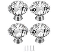 WDSOPK 4 Pcs Crystal Door Knob Clear Glass Cabinet Knobs 30mm Round Cupboard Cabinet Drawer Handle Diamond Shape Pull Handle of Solid Zinc Alloy Glass Single Hole for (Silver 2)