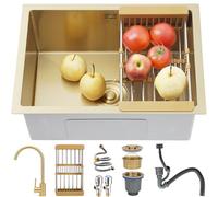 WDSOPK 60x45 cm Brushed Stainless Steel Kitchen Sink ScratchResistantIncludes Drain Accessories & Dish Rack Kitchen Sink for Home & Commercial Use (Gold 2)