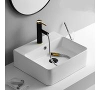 WDSOPK Bathroom Vessel Sinks with Faucet Ceramic Rectangular Countertop Sinks Compact Wall Hung Cloakroom Basin with Overflow for Home Office Restaurants Schools (White 46x42x15.5cm)