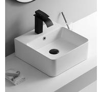 WDSOPK Bathroom Vessel Sinks with Faucet Ceramic Rectangular Countertop Sinks Compact Wall Hung Cloakroom Basin with Overflow for Home Office Restaurants Schools (White 40x42x15.5cm)