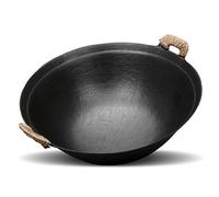 WDSOPK Cast Iron Wok Pan Infinite Wok Traditional Gas Non-stick Wok Uncoated Household Large Iron Pan Double Ear Pig Iron Pot With Wooden Lid,32CM（32CM）