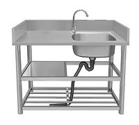 WDSOPK Commercial Stainless Steel Kitchen Sink - Single Bowl with Workbench & Double Storage Shelves Freestanding Faucet Ideal for Restaurant & Bathroom