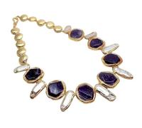 WDSOPK Faceted chunk Amethyst White Biwa Pearl Gold color coin Brushed Bead Necklace 19"
