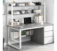 WDSOPK Industrial Home Office Desk with Hutch & Bookshelf 47" Writing Table with 3 Drawers Modern Study Workstation for Home & Office White Finish（Grey-39 In）