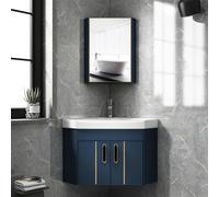 WDSOPK Modern Small Wall Mount Sink with Floating Vanity Cabinet, Corner Mini Bathroom Sink in 3 Colors, Includes Silver Faucet, Ideal for Bathrooms & Apartments,Blue-Set2-56cm