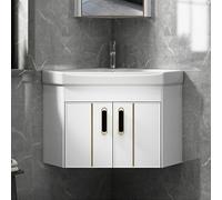 WDSOPK Modern Small Wall Mount Sink with Floating Vanity Cabinet, Corner Mini Bathroom Sink in 3 Colors, Includes Silver Faucet, Ideal for Bathrooms & Apartments,White-Set1-56cm