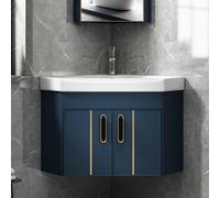 WDSOPK Modern Small Wall Mount Sink with Floating Vanity Cabinet, Corner Mini Bathroom Sink in 3 Colors, Includes Silver Faucet, Ideal for Bathrooms & Apartments,Blue-Set1-56cm