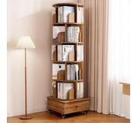 WDSOPK Rotating Bookshelf, 360° Revolving Bookcase Tower, 4/5 Tier Display Storage Rack with Wheels, Narrow Corner Book Shelf Organizer, for Small Space, Office Living Room (Walnut 5 Tie