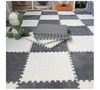 WDSOPK Thickened Plush Foam Interlocking Carpet Tiles - 58 Piece Soft Anti-Slip Rug with Edgings, Fluffy Navy Blue Square Puzzle Mats for Home Gym, Playroom, and Kids' Rooms (Gray+white)