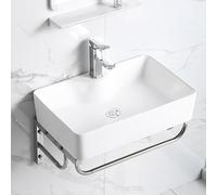 WDSOPK Wall Mounted Ceramic Rectangular Bathroom Sink, Floating Wash Basin with Towel Rack, Space-Saving Vanity for Compact Bathrooms (19.6inchX50cm)