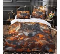 WDVBAIIOE Autumn wolf gaze 3D Printing Quilt Cover 3pcs 100% Microfibre Anti-Fade Easy Care Wild animal photography Duvet Insert Cover 2 Pillowcases Zip Closure Bedding Boys Bedroom Single（140x200cm）