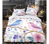 WDVBAIIOE Birds in bloom 3D Printed Duvet Cover Set 3pcs Microfibre Lightweight Concealed watercolor floral Duvet Insert Cover 2 Pillowcases Skin-Friendly Home Decor Kids & Girls Single（140x200cm）