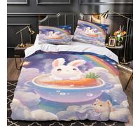 WDVBAIIOE cute bunny 3D Printed Quilt Cover 3pcs Microfibre Anti-Fade Breathable Light fantasy whimsical Comforter Cover 2 Pillowcases Zip Closure Bed Set Teenagers Adults King（220x240cm）