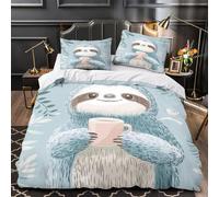 WDVBAIIOE Cute sloth holding cup 3D Printing Quilt Cover 3pcs Microfibre Anti-Fade Breathable Light Comforter Cover 2 Pillowcases Zip Closure Bed Set Teenagers Adults Single（140x200cm）