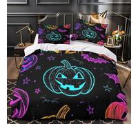 WDVBAIIOE Halloween pumpkins 3D Digital Print Quilt Cover 3pcs 100% Microfibre Anti-Fade Zip neon glowing Duvet Cover 2 Pillowcases Breathable Easy Care Bedding Boys Girls Super king（260x220cm）