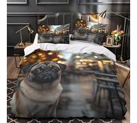 WDVBAIIOE pug dog portrait 3D Pattern Duvet Cover 3pcs Microfibre Breathable Kids Decor urban street scene Comforter Cover 2 Matching Pillowcases Zipper Closure Bedding Kids & Girls Single（140x200cm）