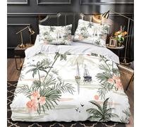 WDVBAIIOE tropical island 3D Digital Print Quilt Cover 3pcs Microfibre Anti-Fade Breathable hand drawn Comforter Cover 2 Pillowcases Zip Closure Bed Set Teenagers Adults Double（200x200cm）