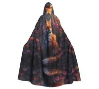 WDXQHY Little fox in the flowers Halloween Hooded Cloak Full Print Polyester Costume Cape for Cosplay Parties Masquerades Comic Cons Lightweight Comfortable No-Itch Fabric with Tie Closure