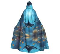 WDXQHY Manta Ray and Fish Halloween Hooded Cloak Full Print Polyester Costume Cape for Cosplay Parties Masquerades Comic Cons Lightweight Comfortable No-Itch Fabric with Tie Closure