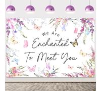 We are Enchanted to Meet You Backdrop Purple Floral Butterfly Photography Background Baby Shower Party Decorations Banner Photo Booth for Baby Shower Gender Reveal Party Decor Supplies 5x3ft