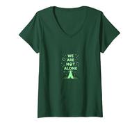 We are Not Alone: Alien UFO City Skyline Sci-Fi V-Neck T-Shirt, Women, Forest Green, M