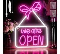 We are open Neon Signs - Open Neon Sign LED Sign for Wall Decor Pink Bow LED Hanging Light Sign USB Powered Dimmable Ultra Bright Light Up Signs for Party, Bar, Stores, Wall, Clubs, Coffee, Hotel