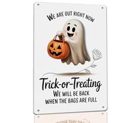 We Are out Right Now Trick or Treating Metal Sign for Homes Home Cafe Porch Front Door Candy Station Schools Community Centers Halloween Events Shops and Parties 8x12 Inch