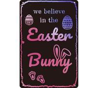 We Believe in the Easter Bunny Vintage Easter Metal Tin Sign Easter Cute Sign for Home Farmhouse Kitchen Cafe Art Wall Decor 8x12 Inches, miejin1-s6