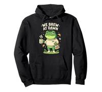 We Brew at Dawn, Cute Frog with Coffee Beans, Cozy Morning Pullover Hoodie