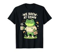 We Brew at Dawn, Cute Frog with Coffee Beans, Cozy Morning T-Shirt
