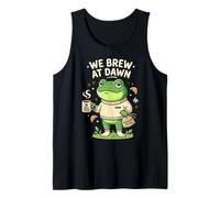 We Brew at Dawn, Cute Frog with Coffee Beans, Cozy Morning Tank Top