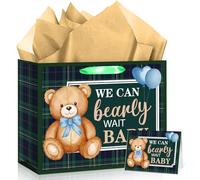 We Can Bearly Wait Baby Gift Bag Baby Boy Gift Bag Baby Bear Wrapping Paper with Tissue Paper Greeting Card Green Plaid Wrap Bag Bear Theme Newborn Presents Wrap Package We Can Bearly Wait Welcome