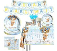 We can Bearly Wait Baby Shower Decorations-142pcs Bear Boy Tableware Set Include Banner Bear Plates Cups Tablecloth for Bear Boy Gender Reveal Party Supplies,Serves for 20 Guests