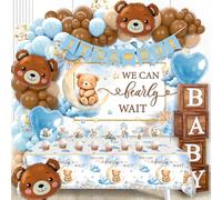 We Can Bearly Wait Baby Shower Decorations -Teddy Bear Boho Balloons Banner Boxes Cupcake Topper, We Can Bearly Wait Sign Backdrop Tablecloth, Boy Baby Shower Decorations Gender Reveal Party Decor