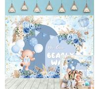 We Can Bearly Wait Backdrop Bear Baby Shower Backdrop Banner Blue Boho Floral Newborn Boy Birthday Party Cake Table Decoration Photo Booth Props (7x5FT)