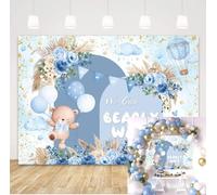 We Can Bearly Wait Backdrop Bear Baby Shower Backdrop Banner Blue Boho Floral Newborn Boy Birthday Party Cake Table Decoration Photo Booth Props (8x6FT)