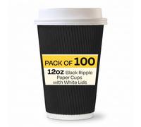 We Can Source It Ltd - 100 x 12oz Black Ripple Paper Cups with Lids - Disposable Takeaway Hot Beverage Cups for Coffee, Tea, Cappuccino - Leak Proof Insulated Serving Cups for Cafe, Restaurant & Event