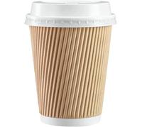 We Can Source It Ltd - 100 x 12oz Ripple Brown Kraft Paper Cups with White Sip Through Lids - Strong 3-PLY Disposable Insulated Coffee Cups - Drinking Cups for Hot Drinks, Tea, Coffee and Beverages